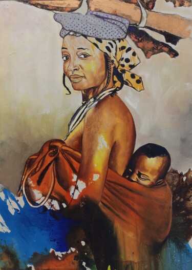 Malerei mit dem Titel "Mother and child pa…" von Jafeth Moiane, Original-Kunstwerk, Acryl