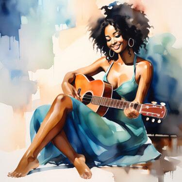 Digitale Kunst mit dem Titel "Girl with guitar, W…" von Jafeth Moiane, Original-Kunstwerk, Digitale Malerei