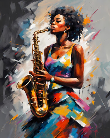 Schilderij getiteld "Afro-Saxophonist mu…" door Jafeth Moiane, Origineel Kunstwerk, Acryl