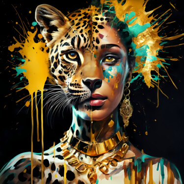 Digital Arts titled "Queen and leopard:…" by Jafeth Moiane, Original Artwork, Digital Painting