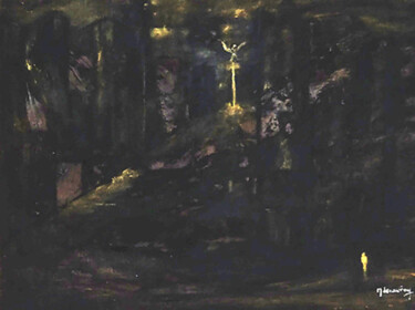 Peinture intitulée "Noche sobre la Ciud…" par Martine Lecouvreux, Œuvre d'art originale, Huile