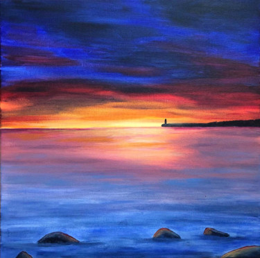 Painting titled "Phare far away" by Mlefevre, Original Artwork, Acrylic Mounted on Wood Stretcher frame