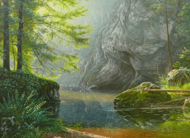 Painting titled "Mystic forest" by Emil Mlynarcik, Original Artwork, Oil Mounted on Wood Stretcher frame