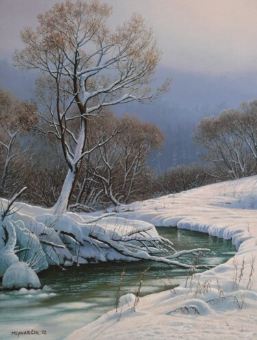 Painting titled "Winter stream" by Emil Mlynarcik, Original Artwork, Oil Mounted on Wood Stretcher frame