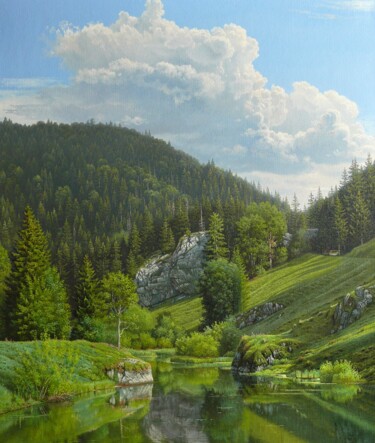 Painting titled "Spring morning" by Emil Mlynarcik, Original Artwork, Oil Mounted on Wood Stretcher frame