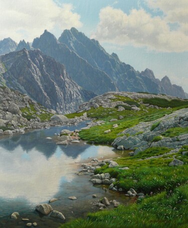 Painting titled "Small mountain lake" by Emil Mlynarcik, Original Artwork, Oil Mounted on Wood Stretcher frame