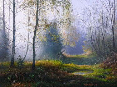 Painting titled "Foggy morning in th…" by Emil Mlynarcik, Original Artwork, Oil Mounted on Wood Stretcher frame