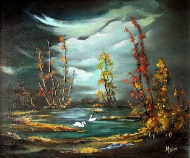 Painting titled "étang-de-nuit-2.jpg" by Mm Saudade, Original Artwork, Oil