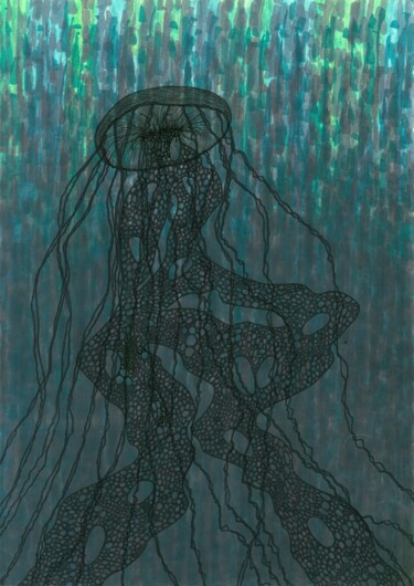 Drawing titled "A3 Fishnet jellyfis…" by Mmy Rising Sun, Original Artwork, Marker
