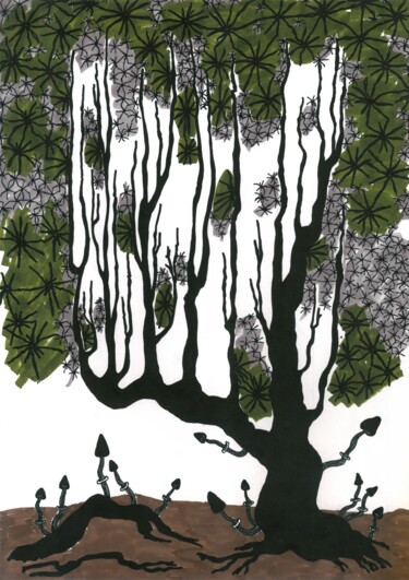 Desenho intitulada "A black tree with c…" por Mmy Rising Sun, Obras de arte originais, Marcador