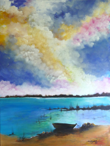 Painting titled "Lonely Boat" by Moayed Shlemon, Original Artwork, Acrylic
