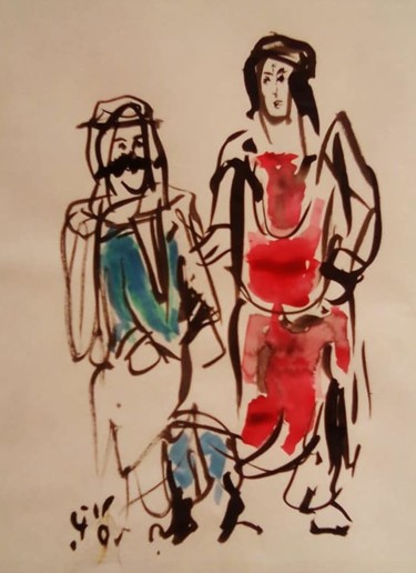 Σχέδιο με τίτλο "Couple arabe" από Mohamed Barnat, Αυθεντικά έργα τέχνης, Ακουαρέλα