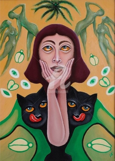 Картина под названием "Catwoman" - Modern Art, Подлинное произведение искусства, Масло