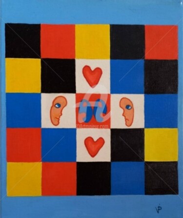 Schilderij getiteld "Squared love" door Modern Art, Origineel Kunstwerk, Olie