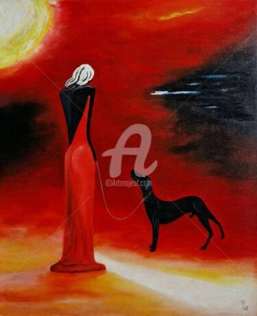 Pintura intitulada "The woman in red dr…" por Modern Art, Obras de arte originais, Óleo