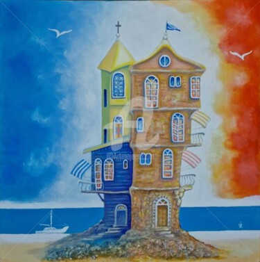 Картина под названием "Sea house and Churc…" - Modern Art, Подлинное произведение искусства, Масло
