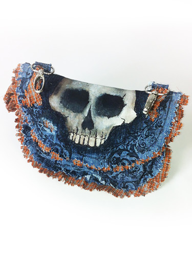 Orange Plaid Skull Textile Art titled "Orange Plaid Skull" by Modesty, Original Art,