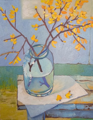 Painting titled "spring twigs" by Taisiia Menigecheva, Original Artwork, Oil Mounted on Wood Stretcher frame