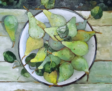 Painting titled "Pears" by Taisiia Menigecheva, Original Artwork, Oil Mounted on Wood Stretcher frame