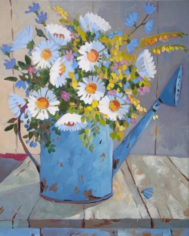 Painting titled "A bouquet of daisies" by Taisiia Menigecheva, Original Artwork, Oil Mounted on Wood Stretcher frame