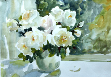Painting titled "White roses" by Taisiia Menigecheva, Original Artwork, Watercolor