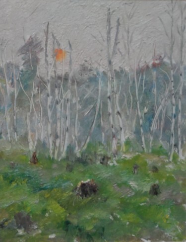 Painting titled "Birch forest" by Moesey Li, Original Artwork, Oil