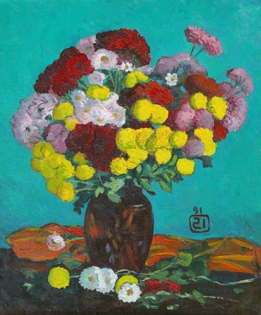 Painting titled "Flowers from my dac…" by Moesey Li, Original Artwork, Oil