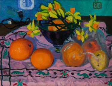 Картина под названием "Oranges and narcissi" - Moesey Li, Подлинное произведение искусства, Масло