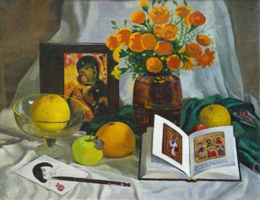 Картина под названием "Still life with a b…" - Moesey Li, Подлинное произведение искусства, Масло