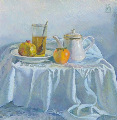 Painting titled "Still life with  pe…" by Moesey Li, Original Artwork, Oil