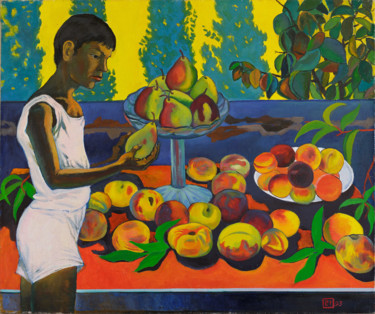 Malerei mit dem Titel "A boy with a pear" von Moesey Li, Original-Kunstwerk, Öl