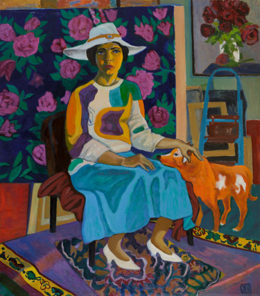 Картина под названием "A lady with a red d…" - Moesey Li, Подлинное произведение искусства, Масло