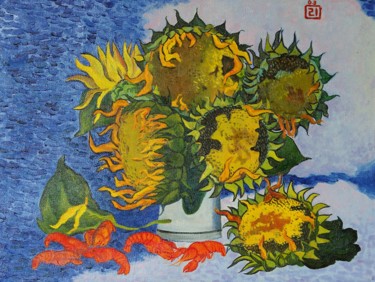 Картина под названием "Sunflowers and cray…" - Moesey Li, Подлинное произведение искусства, Масло