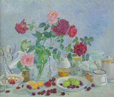 Картина под названием "Roses on my table" - Moesey Li, Подлинное произведение искусства, Масло