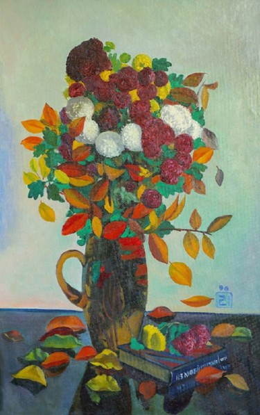 Картина под названием "Autumn flowers and…" - Moesey Li, Подлинное произведение искусства, Масло
