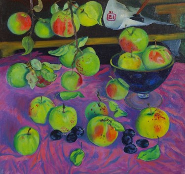 Painting titled "Apples" by Moesey Li, Original Artwork, Oil