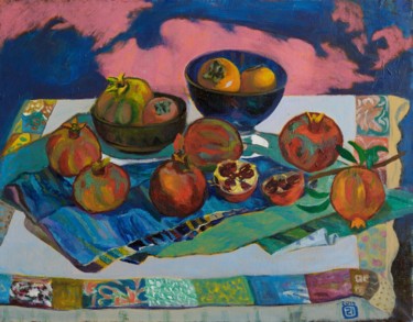 Painting titled "Pomegranates and pe…" by Moesey Li, Original Artwork, Oil
