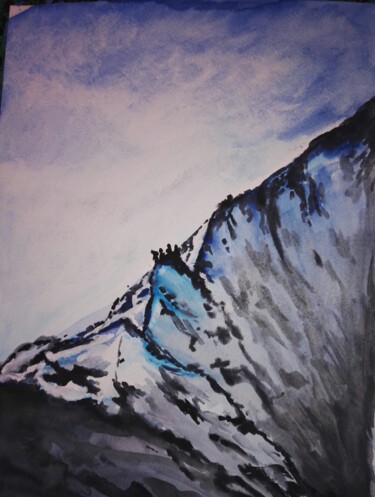 Painting titled "Montagne bleue" by Mof, Original Artwork, Watercolor