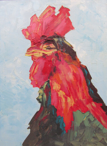 Painting titled "Portrait de coq" by Mohamed Berkane, Original Artwork, Oil