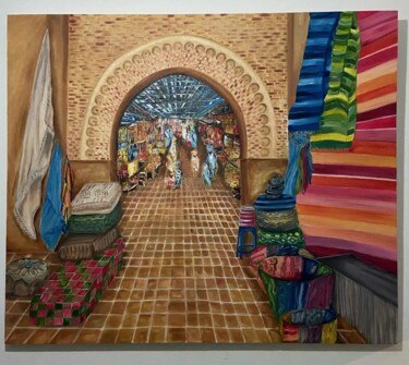 Peinture intitulée "Souq marocain" par Mohamed El Aji, Œuvre d'art originale, Huile