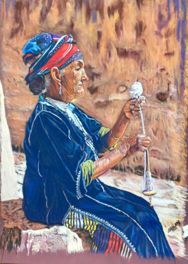 Malarstwo zatytułowany „Spinning the wool” autorstwa Mohamed Lazreg, Oryginalna praca, Pastel