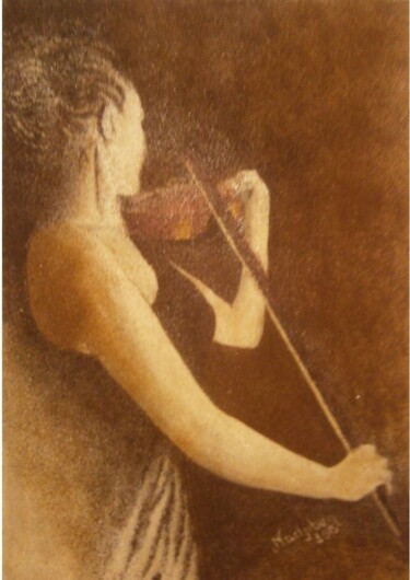 Painting titled "La violoniste" by Mohamed Nadjib Bensaid, Original Artwork, Pigments Mounted on Wood Panel