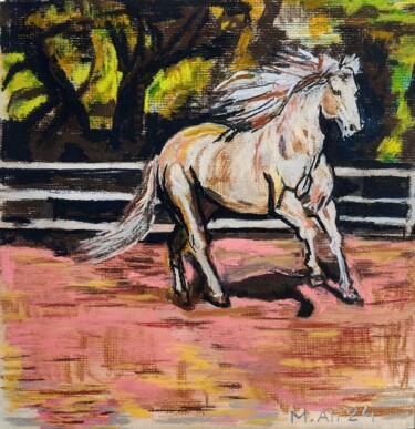 Painting titled "White horse in stab…" by Mohammad Ali, Original Artwork, Pastel