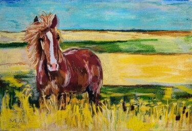 Peinture intitulée "Prairie and horse" par Mohammad Ali, Œuvre d'art originale, Pastel