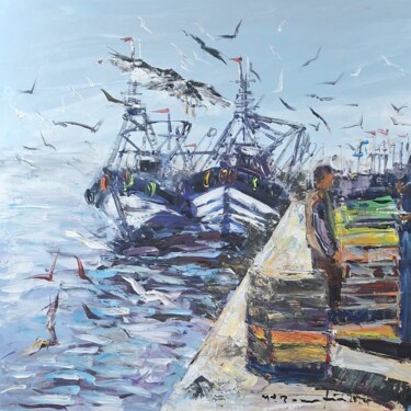 Painting titled "Port de pêche mogad…" by Mohammed Bouafia, Original Artwork, Acrylic