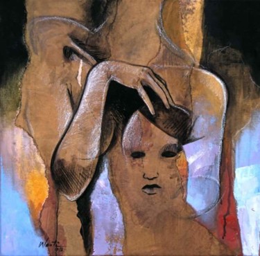 Peinture intitulée "femme tenant une tê…" par Lwanti, Œuvre d'art originale, Acrylique