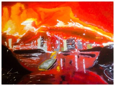 Peinture intitulée "Incendie au port" par Mohammed Rachid Iraqi, Œuvre d'art originale, Huile