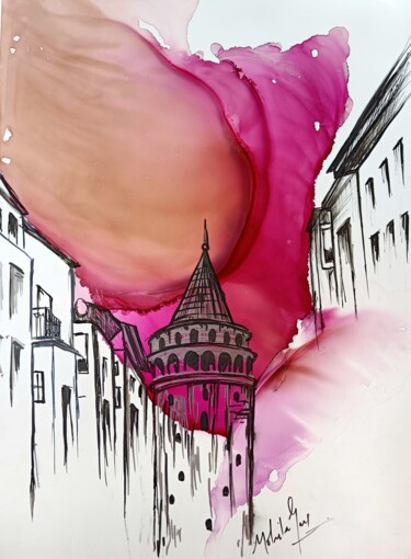 Schilderij getiteld "Galata Tower" door Mohita Garg, Origineel Kunstwerk, Inkt