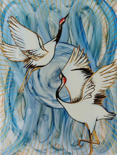 Malarstwo zatytułowany „Dancing Cranes” autorstwa Mohita Garg, Oryginalna praca, Atrament