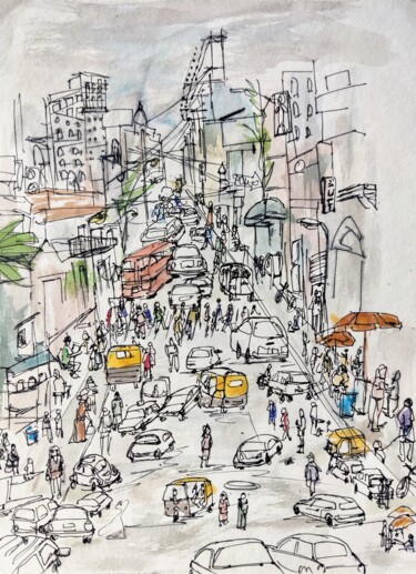 Malerei mit dem Titel "Indian Street" von Mohita Garg, Original-Kunstwerk, Aquarell